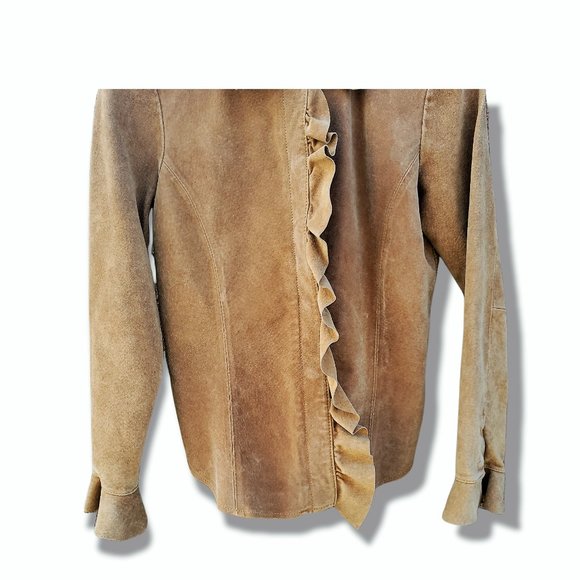 Margaret Godfrey Leather Suede Jacket  Size 4P Beige Leather Ruffle Snap Up Coat - Picture 2 of 7